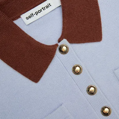 Self-portrait Knit Top Contrasting Collar Front Pockets In Blue