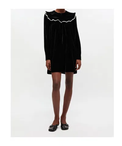 Ganni Stretch Velvet Jersey Collar Mini Dress In Black