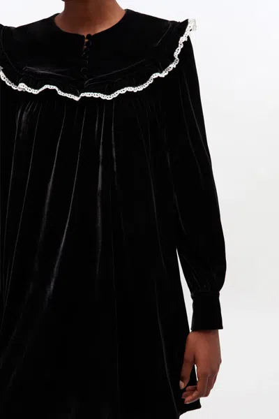 Ganni Stretch Velvet Jersey Collar Mini Dress In Black