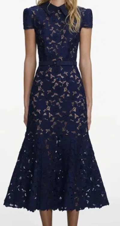 Self-portrait Guipure Blue Long Dress With Lace Design And Adjustable Waist Belt In Fabric Woman