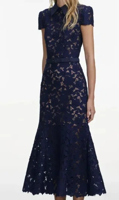 Self-portrait Guipure Blue Long Dress With Lace Design And Adjustable Waist Belt In Fabric Woman