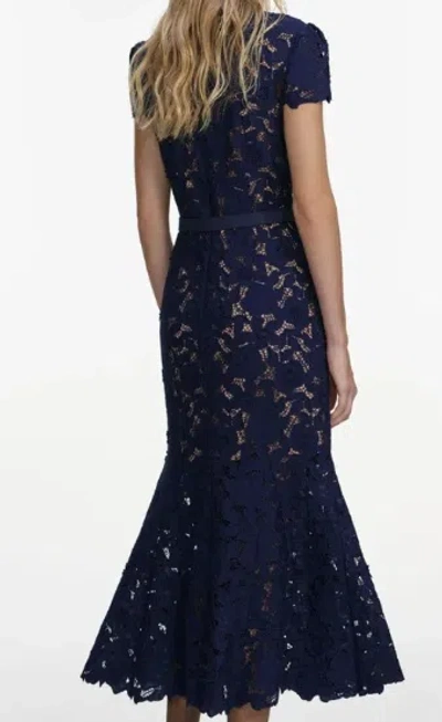 Self-portrait Guipure Blue Long Dress With Lace Design And Adjustable Waist Belt In Fabric Woman