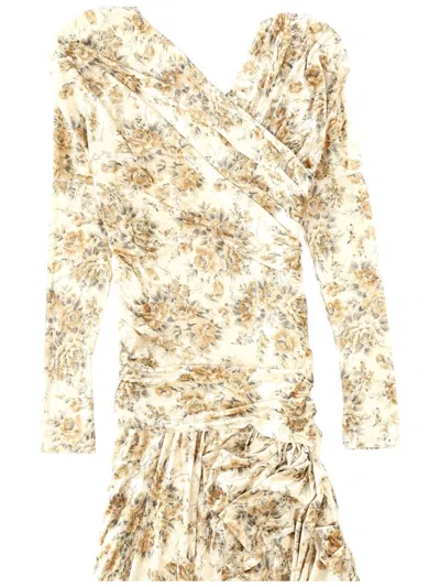 Ganni Printed Velour Jersey Ruched Long Dress In Brown
