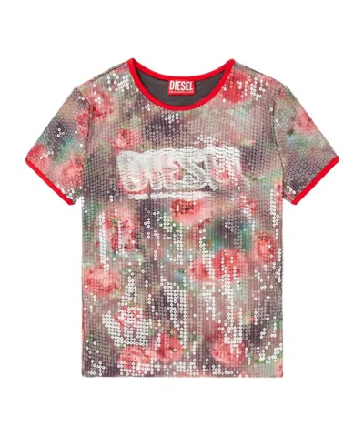 Diesel T-unkyel Sequinned Skinny Floral Print Jersey Top In Multi