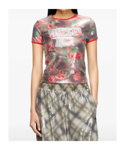 Diesel T-unkyel Sequinned Skinny Floral Print Jersey Top In Multi
