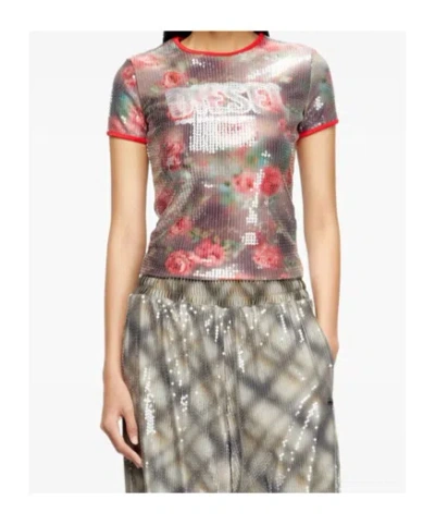 Diesel T-unkyel Sequinned Skinny Floral Print Jersey Top In Multi