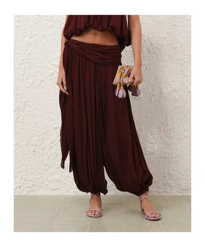 Zimmermann Luna Draped Silk Wide-leg Pants In Burgundy