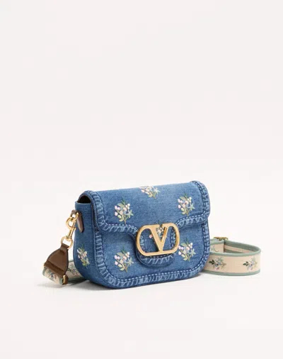 Valentino Alltime Medium Embroidered Denim Shoulder Bag With Embroidered Ribbon Strap In Blue