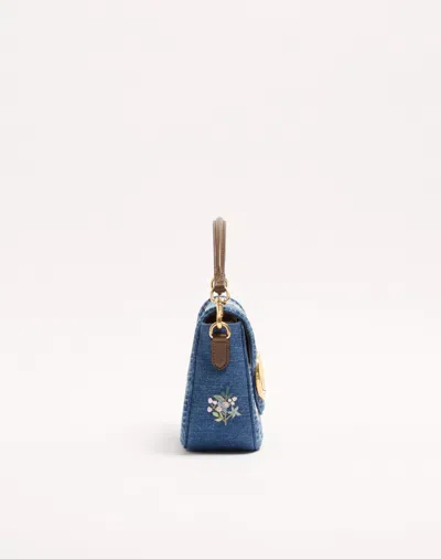 Valentino Alltime Medium Embroidered Denim Shoulder Bag With Embroidered Ribbon Strap In Blue