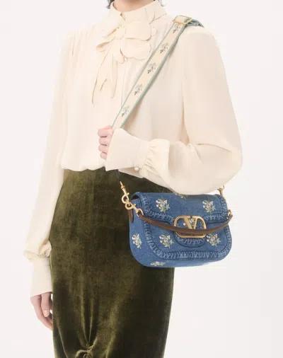 Valentino Alltime Medium Embroidered Denim Shoulder Bag With Embroidered Ribbon Strap In Blue