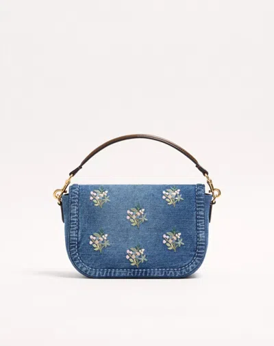 Valentino Alltime Medium Embroidered Denim Shoulder Bag With Embroidered Ribbon Strap In Blue