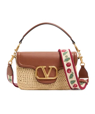 Valentino Garavani  Garavani Alltime Shoulder Bag In Raffia And Grainy Calfskin With Ribbon In Brown