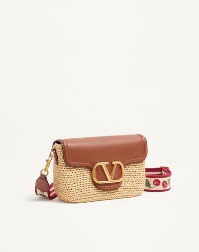 Valentino Garavani  Garavani Alltime Shoulder Bag In Raffia And Grainy Calfskin With Ribbon In Brown
