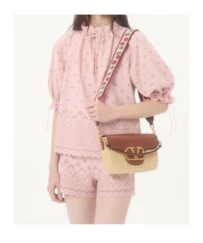 Valentino Garavani  Garavani Alltime Shoulder Bag In Raffia And Grainy Calfskin With Ribbon In Brown