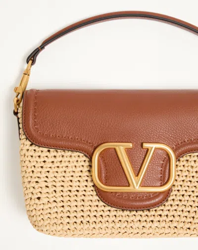 Valentino Garavani  Garavani Alltime Shoulder Bag In Raffia And Grainy Calfskin With Ribbon In Brown