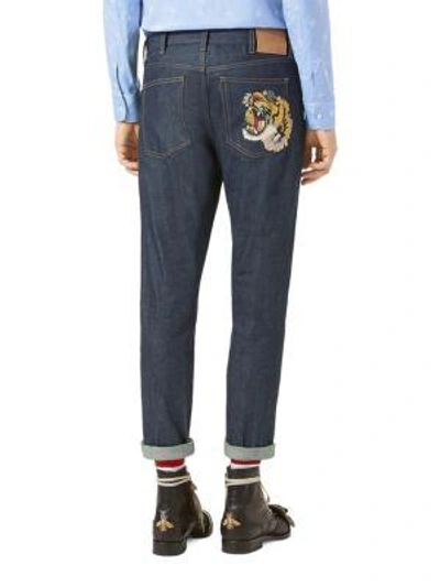 Shop Gucci Tiger Stretch Denim Slim-fit Jeans In Blue