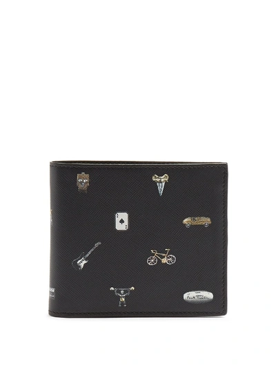 Paul Smith Cufflink Charm-print Grained-leather Wallet In Black