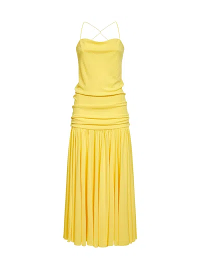 Jacquemus Yellow Dress With Straight Neckline And Gathered Waist In Tech Fabric Woman In Yellow