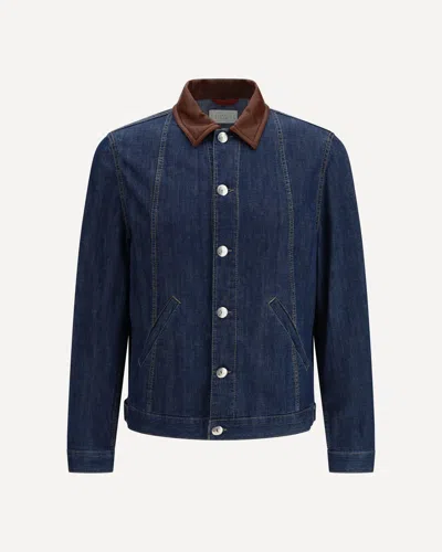 Brunello Cucinelli Men Lightweight Denim Jacket With Leather Collar In Animal Print