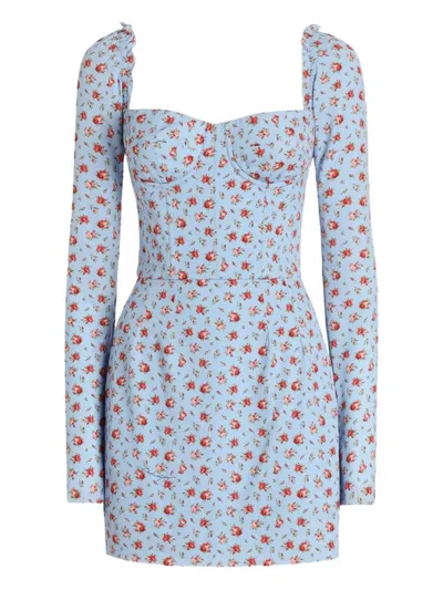Dolce & Gabbana Small Rose-print Short Charmeuse Dress In Blue