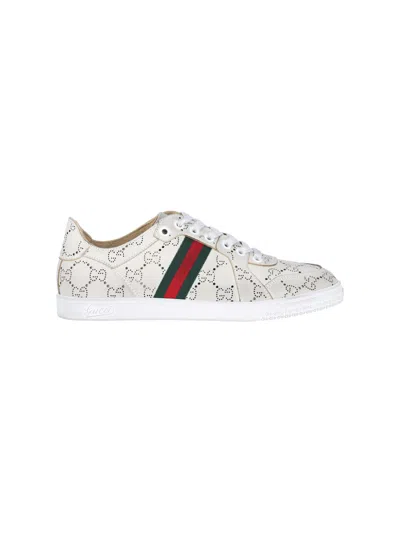 Gucci White Stretch Sneakers With Laser-cut Gg Motif In Neutral