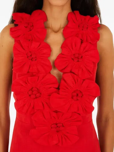 Farm Rio Linen Dress With Floral Appliques And Halterneck In Red
