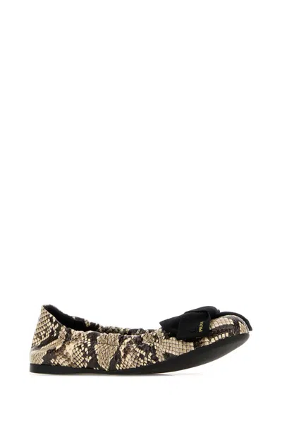 Prada Python Print Leather Ballerinas With Bow In Animal Print