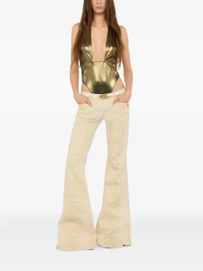 Roberto Cavalli White Flared Jeans With Gold Python Motif In Brown
