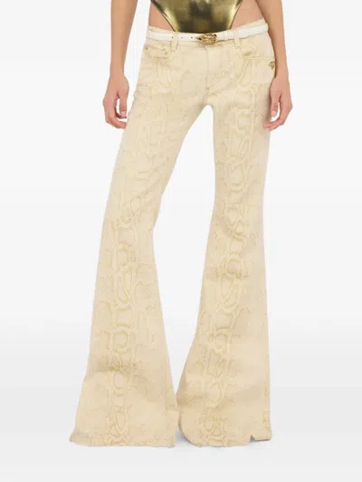 Roberto Cavalli White Flared Jeans With Gold Python Motif In Brown