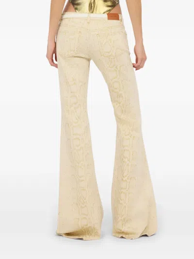 Roberto Cavalli White Flared Jeans With Gold Python Motif In Brown