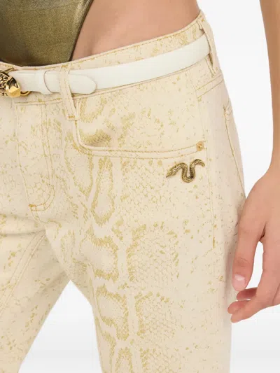 Roberto Cavalli White Flared Jeans With Gold Python Motif In Brown