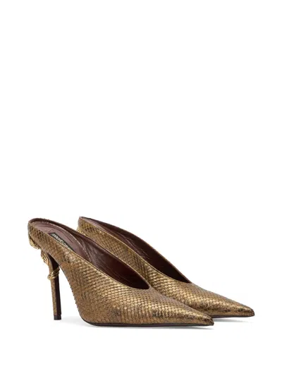 Roberto Cavalli Mules With Gold Python Snake Motif In Gold