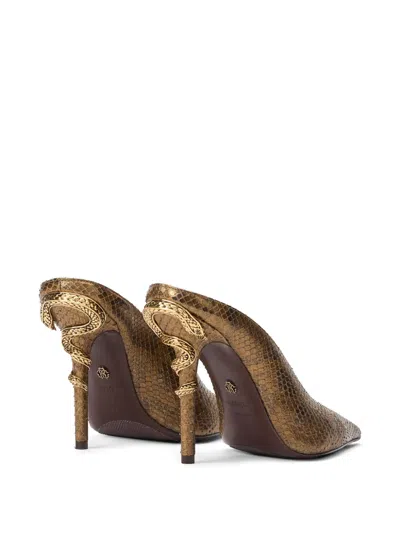 Roberto Cavalli Mules With Gold Python Snake Motif In Gold
