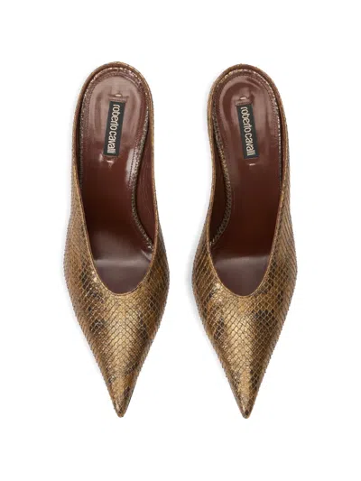Roberto Cavalli Mules With Gold Python Snake Motif In Gold