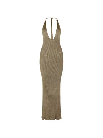 Roberto Cavalli Black And Gold Ribbed Maxi Dress With Snake Motif In Brown
