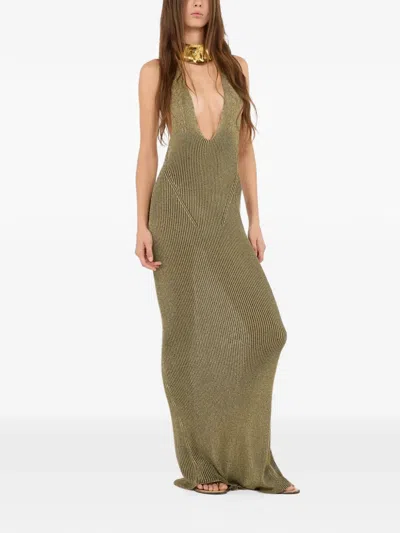 Roberto Cavalli Black And Gold Ribbed Maxi Dress With Snake Motif In Brown
