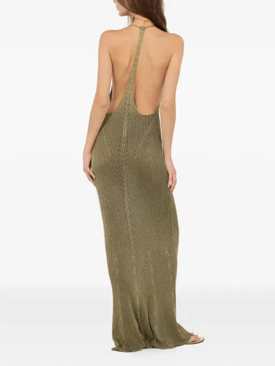 Roberto Cavalli Black And Gold Ribbed Maxi Dress With Snake Motif In Brown