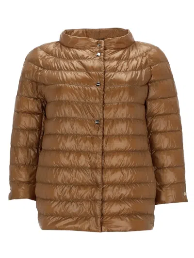 Herno Neutrals Shiny Quilted Three-quarter Down Jacket In Brown