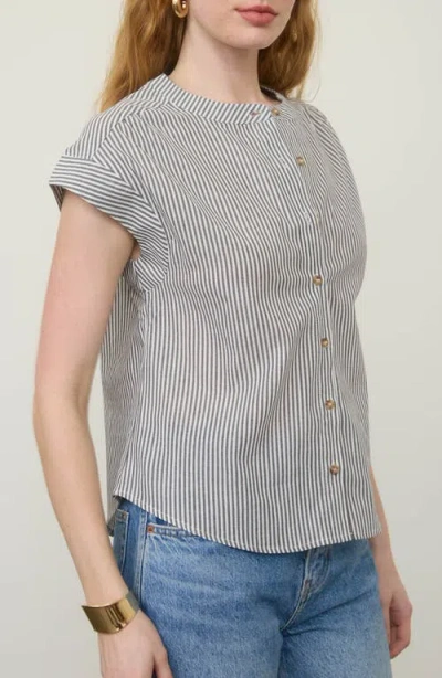 Blu Pepper Stripe Cap Sleeve Button-up Top In Gray