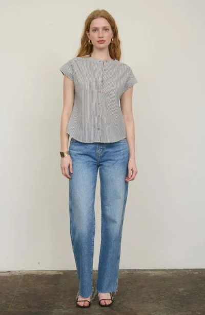 Blu Pepper Stripe Cap Sleeve Button-up Top In Gray