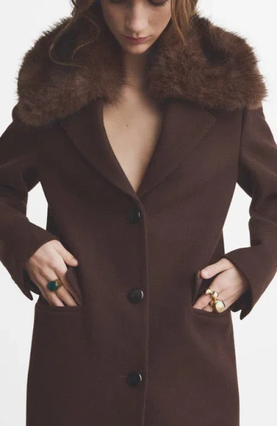 Mango Lips Wool Blend Coat With Faux Fur Collar In Brown