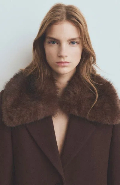Mango Lips Wool Blend Coat With Faux Fur Collar In Brown