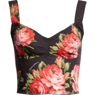 Dolce & Gabbana Top Nero In Seta Con Stampa Floreale Dolce E Gabbana In Black