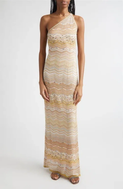 Missoni One-shoulder Sequin-embellished Striped Metallic Crochet-knit Maxi Dress In Gold