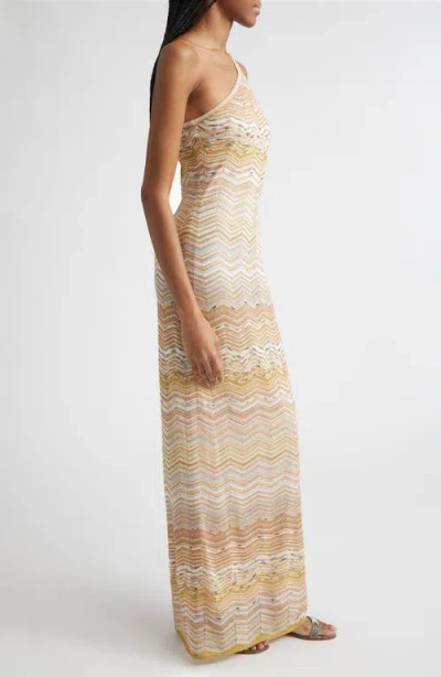 Missoni One-shoulder Sequin-embellished Striped Metallic Crochet-knit Maxi Dress In Gold