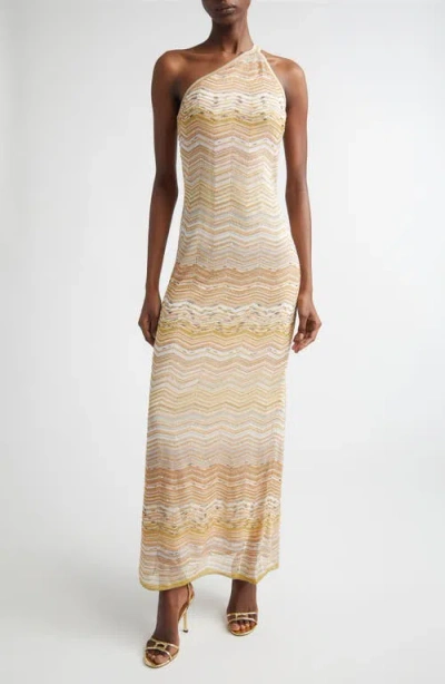 Missoni One-shoulder Sequin-embellished Striped Metallic Crochet-knit Maxi Dress In Gold