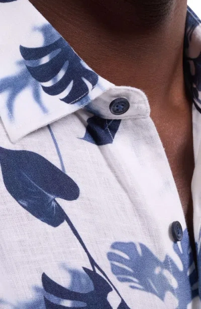 Bugatchi Orson Shaped Fit Leaf Print Short Sleeve Button-up Shirt In Blue