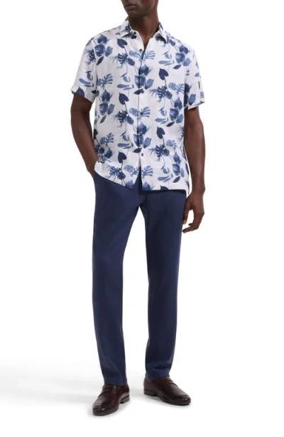 Bugatchi Orson Shaped Fit Leaf Print Short Sleeve Button-up Shirt In Blue
