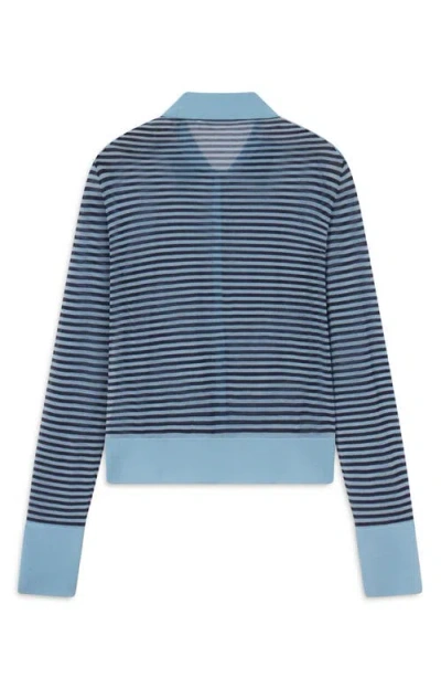 Frame The Collared Stripe Cottpn Blend Cardigan In Blue