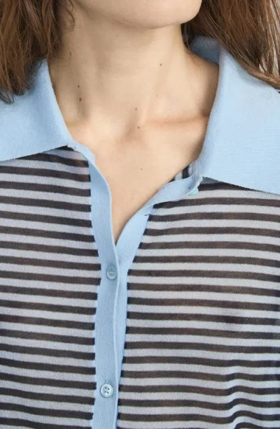 Frame The Collared Stripe Cottpn Blend Cardigan In Blue
